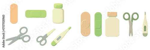 Medical supplies collection with adhesive bandages, pill bottles, safety scissors, and digital thermometers for healthcare and first aid