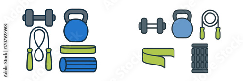 Collection of essential gym and home workout equipment including dumbbells, kettlebells, jump rope, resistance band, and foam roller