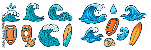 Blue ocean waves, surfboards, lifebuoy, rescue tube, and seashell collection for summer beach and water sports