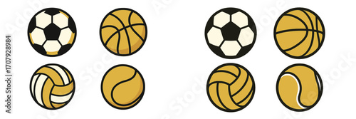 Sports balls for various athletic games and recreational activities including soccer, basketball, volleyball, and tennis