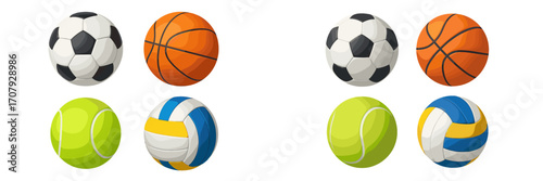 Popular athletic game balls collection including soccer, basketball, tennis, and volleyball for diverse sports activities