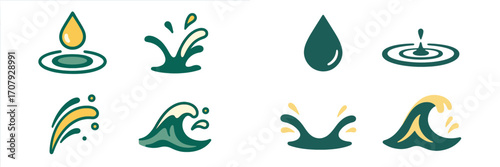 Collection of stylized water drops, dynamic splashes, and ocean waves with ripples and fluid motion elements