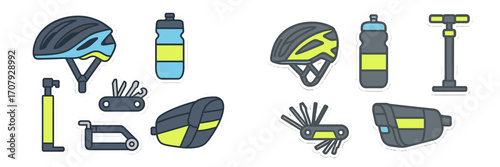 Essential cycling equipment and accessories including helmets, water bottles, pumps, saddle bags, and multi-tools