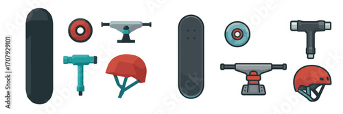 Assortment of skateboarding equipment and safety gear featuring decks, wheels, trucks, T-tools, and helmets for riders