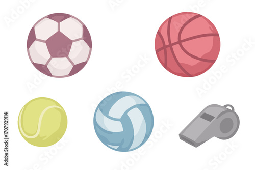 Collection of various sports balls and referee whistle for different games and activities, including soccer, basketball, and tennis