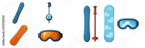Essential winter sports equipment set featuring skis, snowboards, ski poles, and protective goggles for snow activities