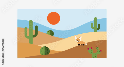 Desert Landscape with Fox and Cacti Illustration.