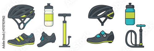 Essential cycling gear collection featuring helmets, water bottles, shoes, and pumps for outdoor sports activity