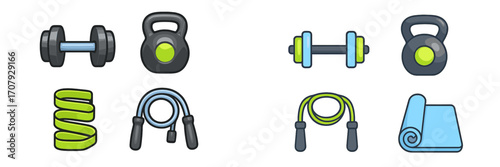 Collection of fitness equipment for home workouts and gym exercise