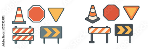 Collection of road construction and traffic safety signs including cones, stop, yield, and barrier symbols