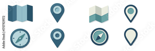 Collection of modern navigation and mapping icons featuring various location markers, folded maps, and compass designs