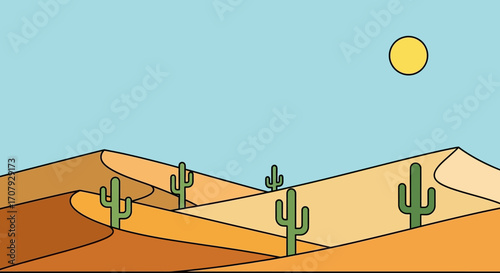 Desert Landscape with Sand Dunes and Cacti.