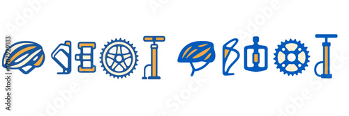 Bicycle equipment and accessories collection including helmets, gears, pedals, and pumps for cycling enthusiasts