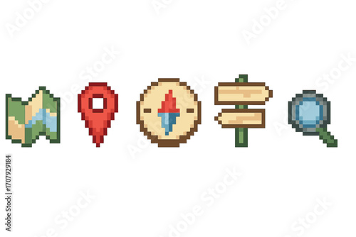 Pixel art navigation and exploration icons set featuring map, location pin, compass, signpost, and magnifying glass