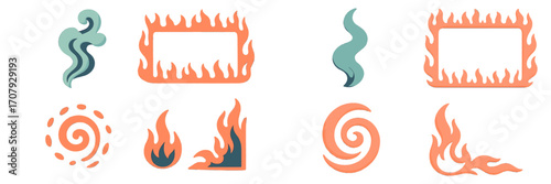 Stylized fire flames, smoke swirls, sun spirals, decorative frames, borders, and corner elements