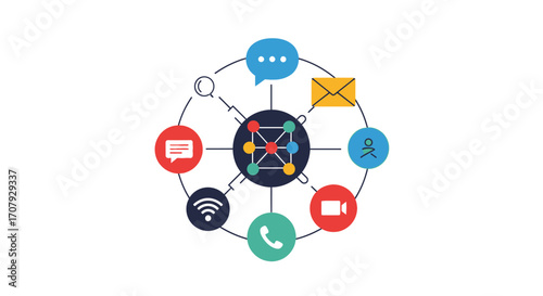 Digital communication network connecting various communication icons.