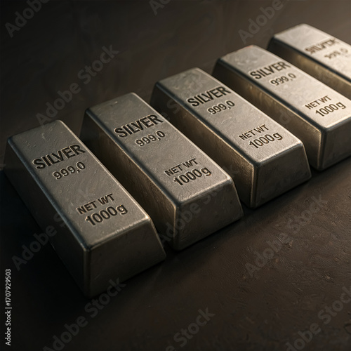 Five silver bars are neatly arranged in a row on a dark surface. Their metallic shine emphasizes purity, high value, and tangible investment. The image reflects security, wealth, and financial stabili