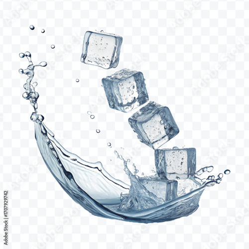 realistic 3d smooth ice cubes into water splash in  different style isolated on transparent background