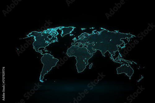 A glowing digital world map is displayed against a dark background. The blue neon outlines emphasize global connectivity, modern technology, and international communication through a futuristic visual