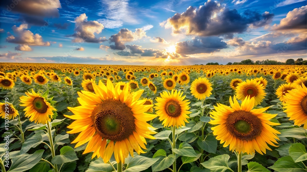 Fototapeta premium Field of sunflowers at sunset with dramatic clouds