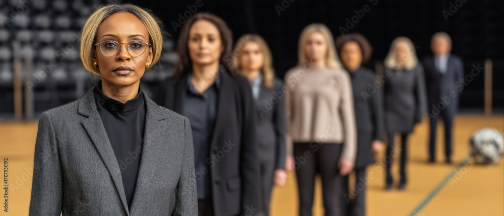 Obraz premium Diverse group of women in business attire on basketball court confident and determined ready for action high-resolution sports team photo