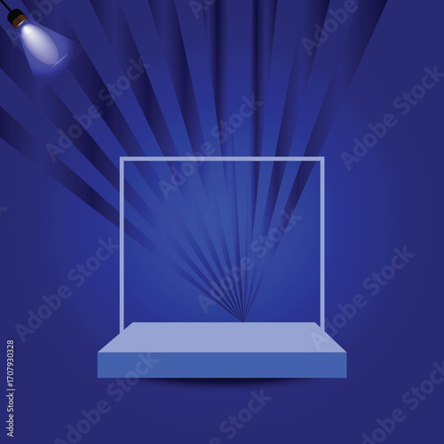 Empty Blue Stage Podium with Spotlight and Radial Light Rays Background empty stage platform
