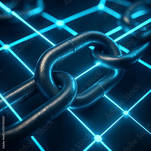 A strong metal chain link is featured in sharp focus, resting over a glowing blue digital grid. This image symbolizes blockchain technology, security, digital connectivity, resilience, and innovative 