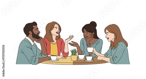 Diverse group of friends enjoying coffee and conversation at a cafe table.