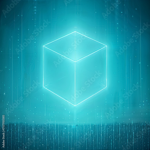 A glowing transparent cube floats in a blue digital space, surrounded by falling lines and shimmering particles. The futuristic scene blends technology, minimalism, and abstract geometric design.