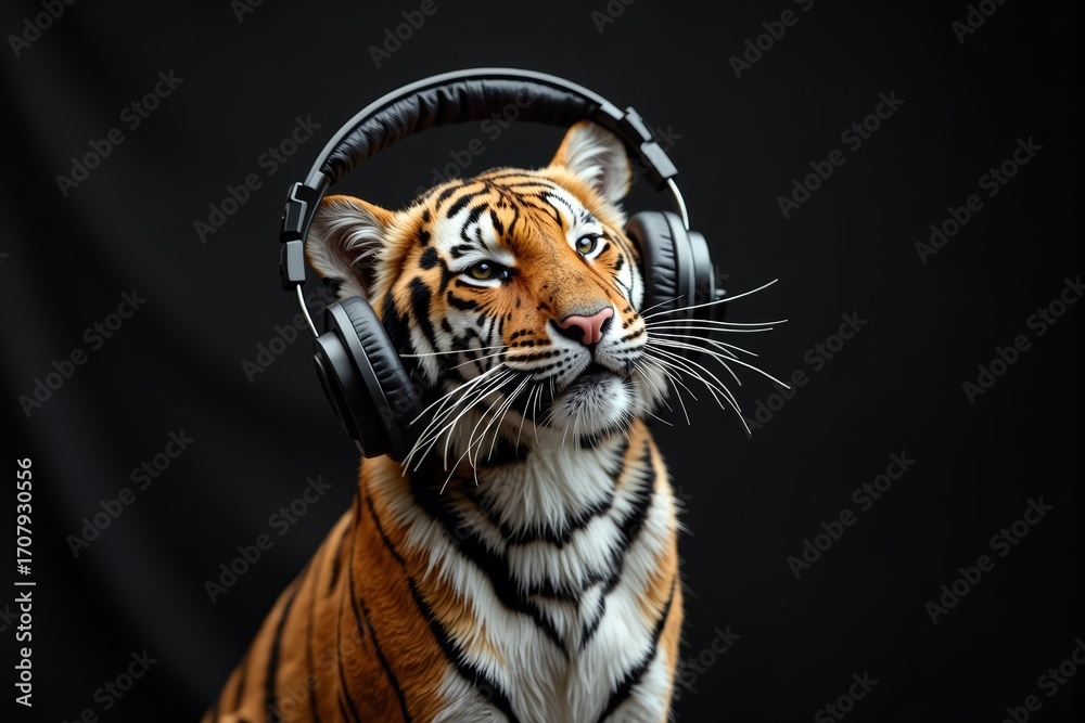 Naklejka premium Tiger Jamming Out with Headphones on a Black Background