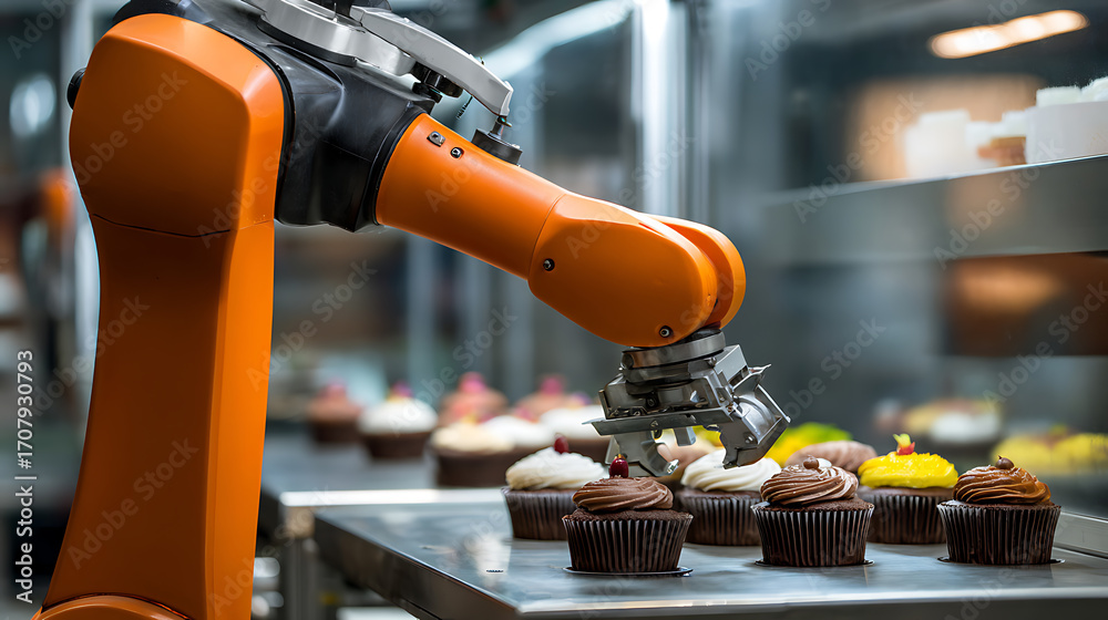 Fototapeta premium Robotic arm decorating cupcakes in a modern food production facility