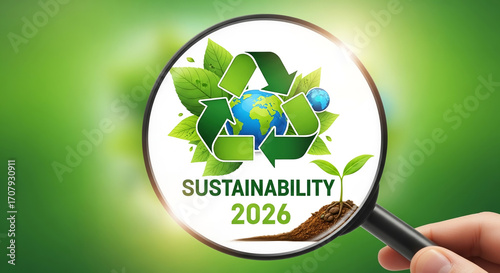 Magnifying glass reveals a vibrant green recycling symbol with Earth and growing plant, symbolizing future sustainability.