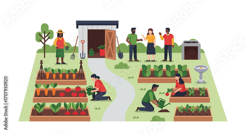 Diverse group of people working together in a community garden.