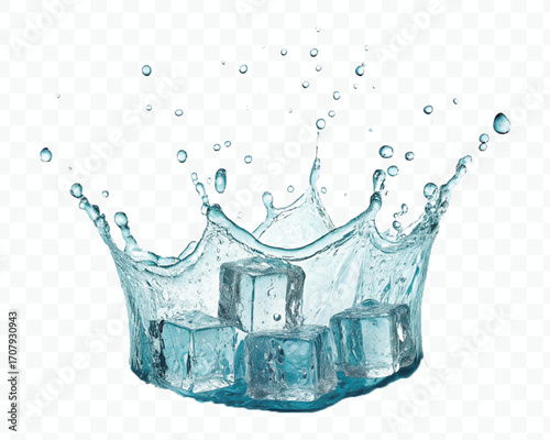 realistic 3d smooth ice cubes into water splash in  different style isolated on transparent background