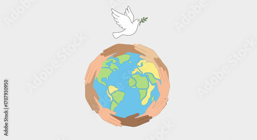 Diverse Hands Holding Earth with Dove of Peace Flying Above.