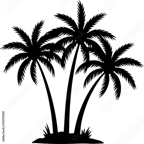 Silhouette of three tropical palm trees in a lush landscape scene silhouette