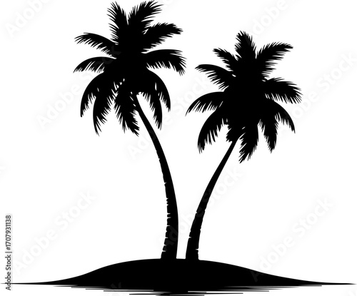 Silhouette of two palm trees on a small island symbolizing tropical paradise vacation silhouette