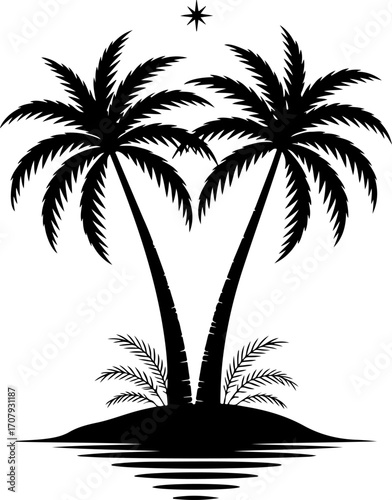 Silhouetted tropical palm trees island reflection star night beach serene escape paradise vibe silhouette
