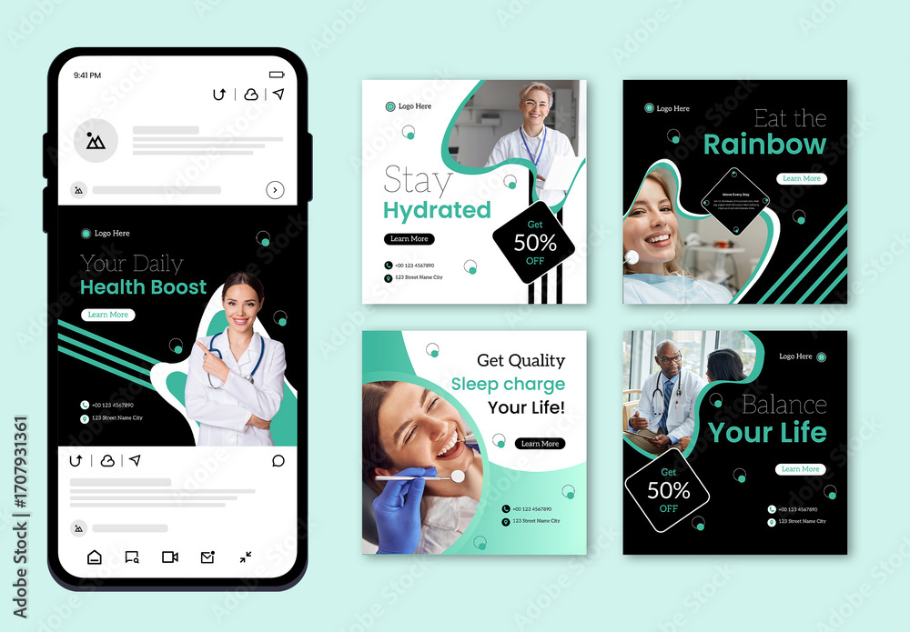 Health and Wellness Social Media Post Templates Stock Template | Adobe ...