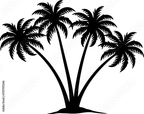 Silhouette of a cluster of four tropical palm trees swaying gently silhouette