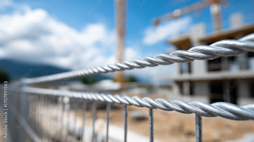 Fototapeta premium Industrial construction concept featuring reinforced steel grid, rusted metal textures, concrete foundation, and scaffolding under open clear sky, representing strength, foundation, and structural pro