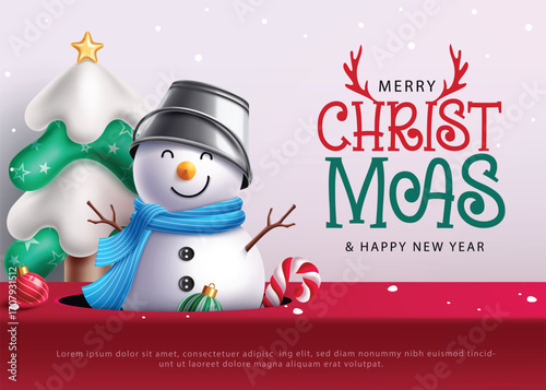 Playful snowman in a blue scarf and bucket hat smiles warmly. Surrounded by candy canes and ornaments with Merry Christmas and Happy new year greeting text perfect for Invitation and holiday cards vec