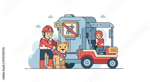Dog owner prepares dog for transport in vehicle.