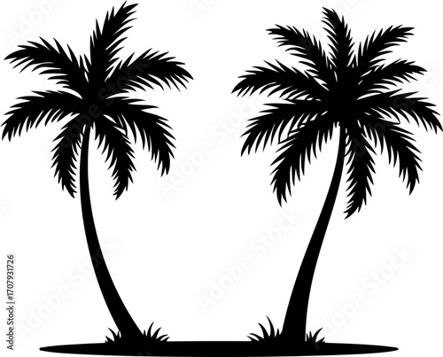 Silhouette of two palm trees standing tall on tropical beach landscape silhouette