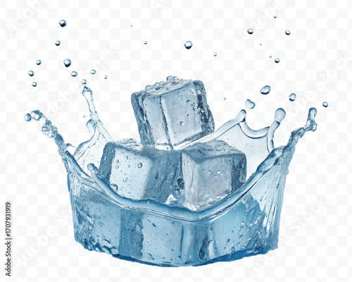 realistic 3d smooth ice cubes into water splash in  different style isolated on transparent background
