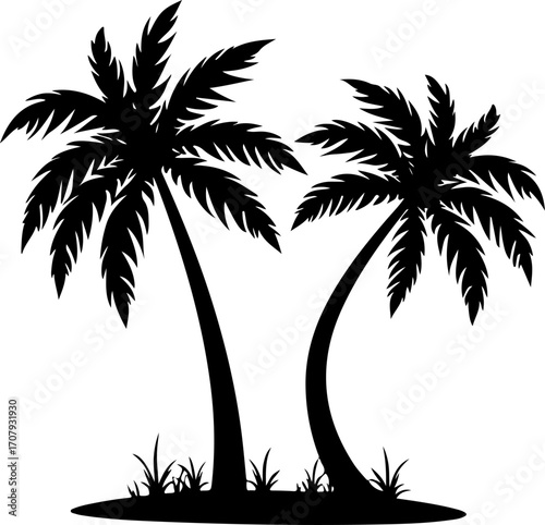 Silhouette of two palm trees with grass detail tropical beach element silhouette