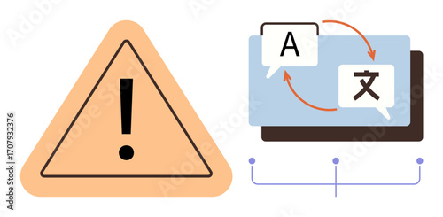 Orange warning sign with exclamation mark beside language translation system with speech bubbles and arrows. Ideal for error prevention, communication, accessibility, technology, education, user