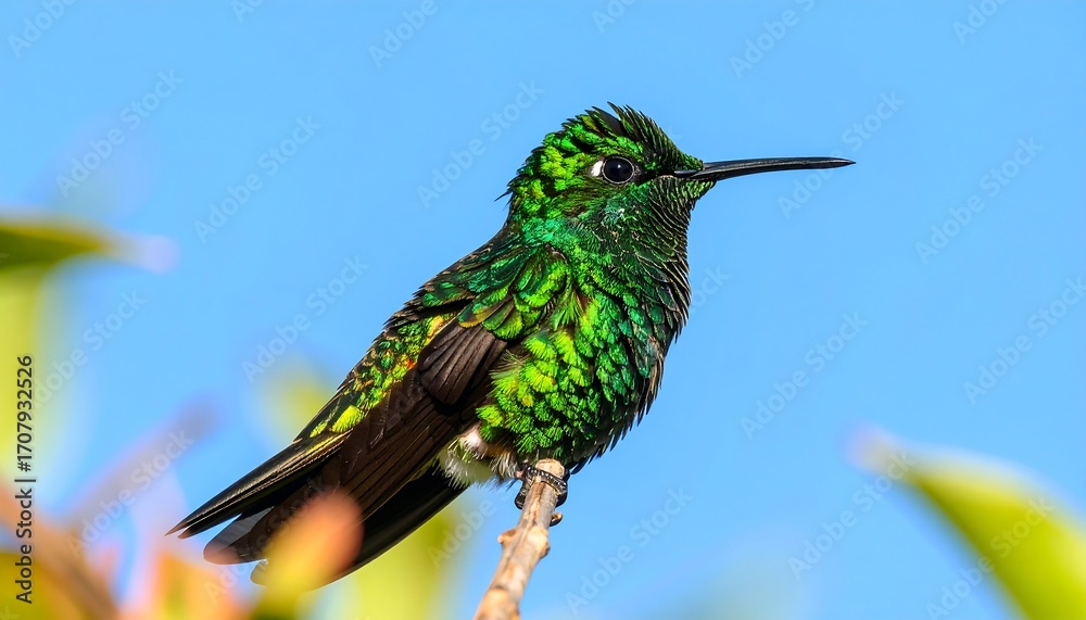 Fototapeta premium Bright green hummingbird perched on a twig against a soft, bright blue sky