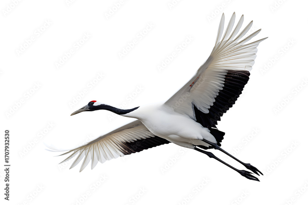 Fototapeta premium elegant crane in flight with outstretched wings isolated on white background