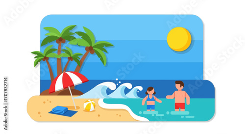Father and child playing in the ocean on summer vacation.